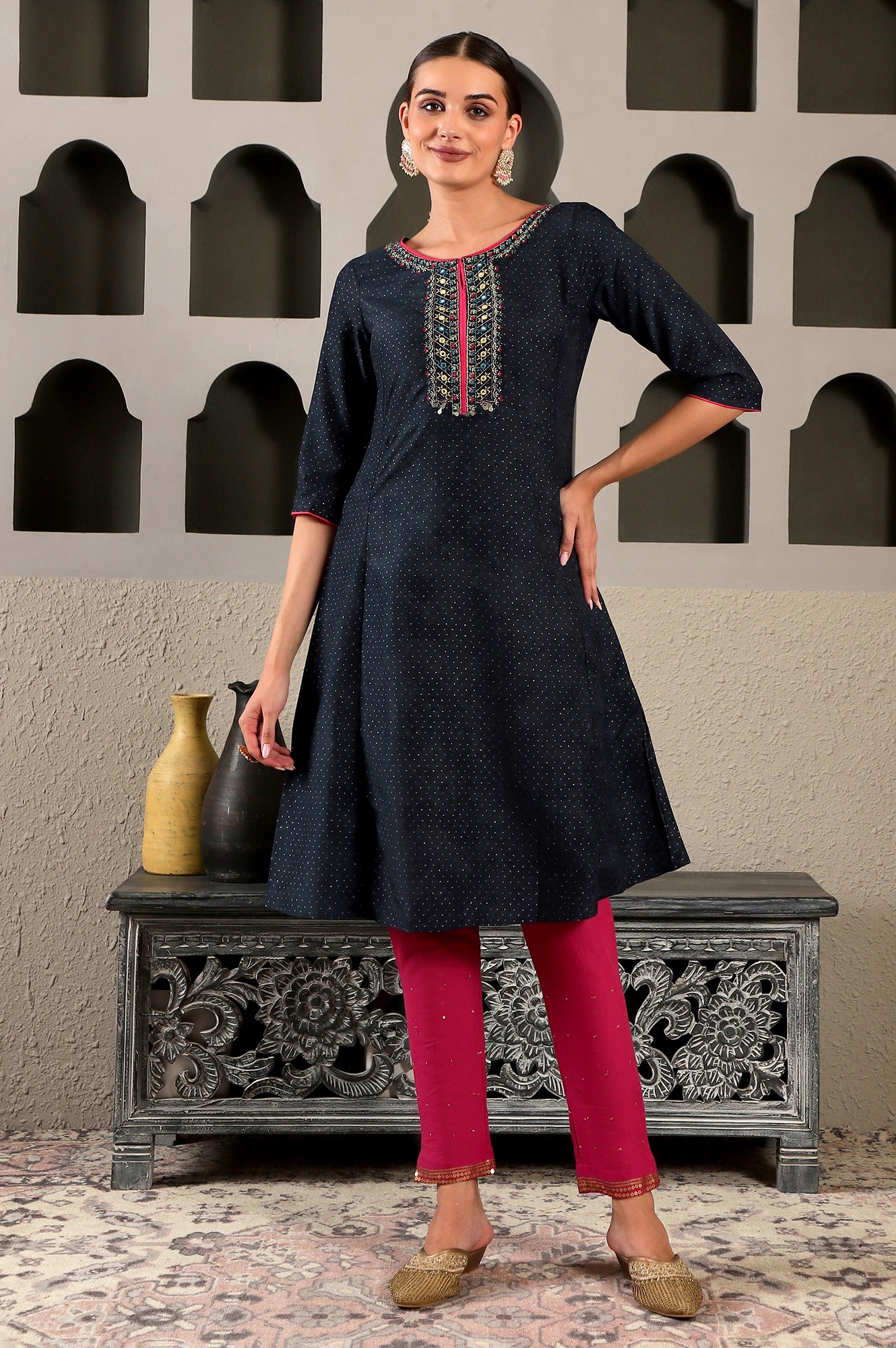 Blue Glitter Printed Embroidered Shantung A-line Kurta