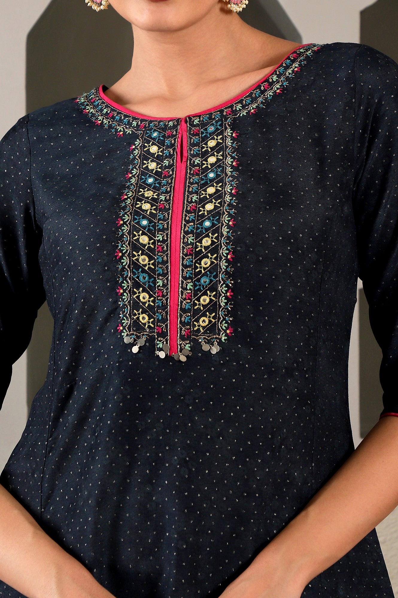 Blue Glitter Printed Embroidered Shantung A-line Kurta