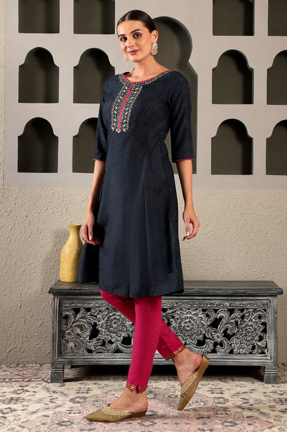 Blue Glitter Printed Embroidered Shantung A-line Kurta