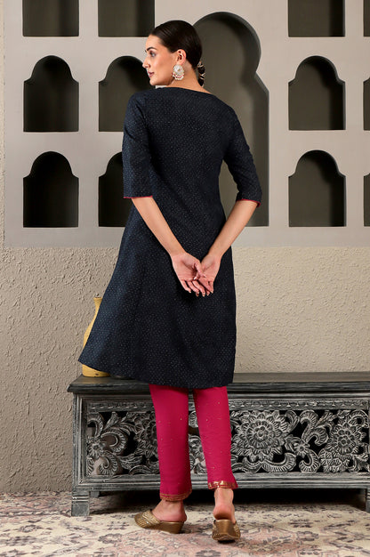 Blue Glitter Printed Embroidered Shantung A-line Kurta