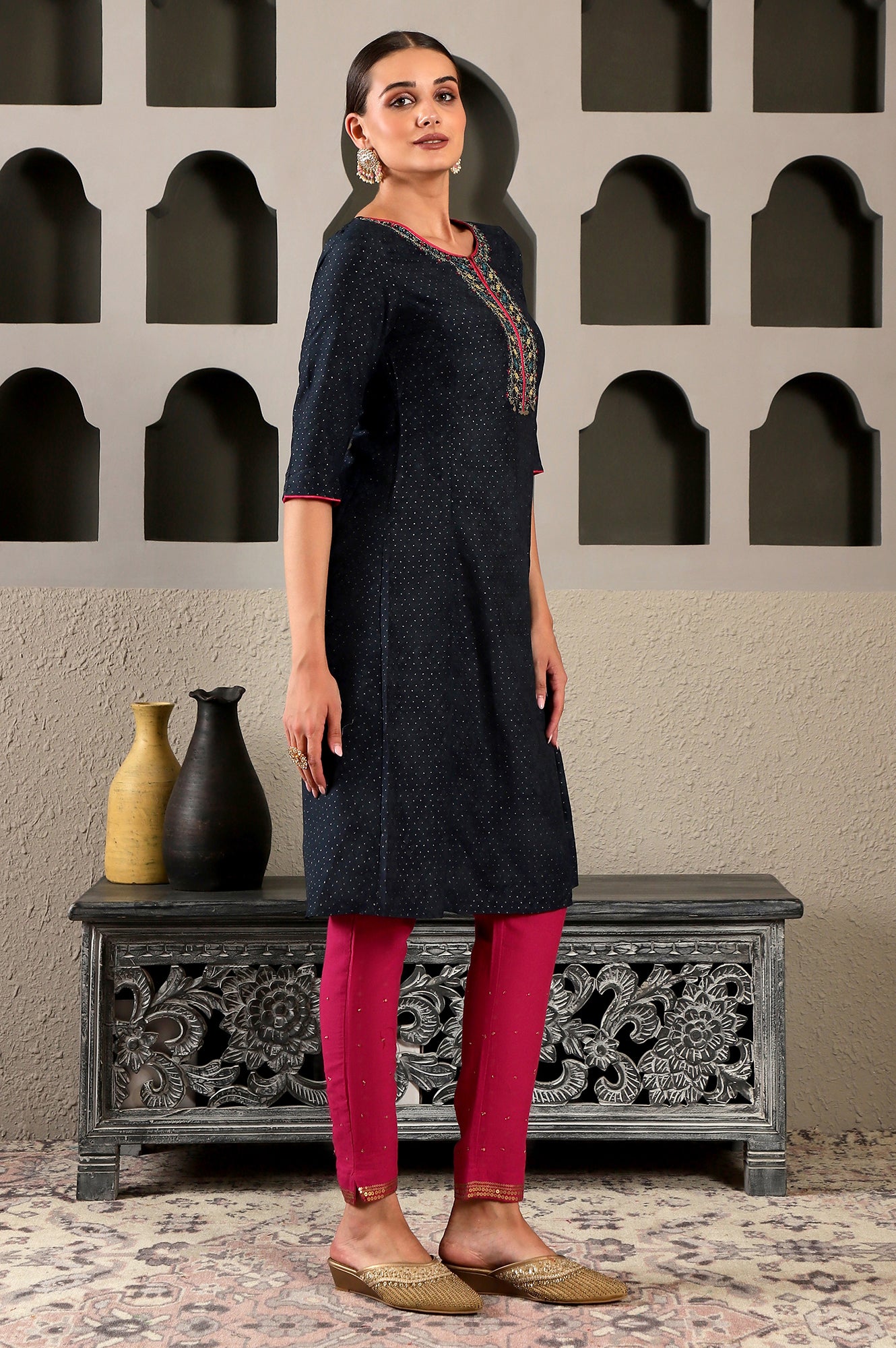 Blue Glitter Printed Embroidered Shantung A-line Kurta