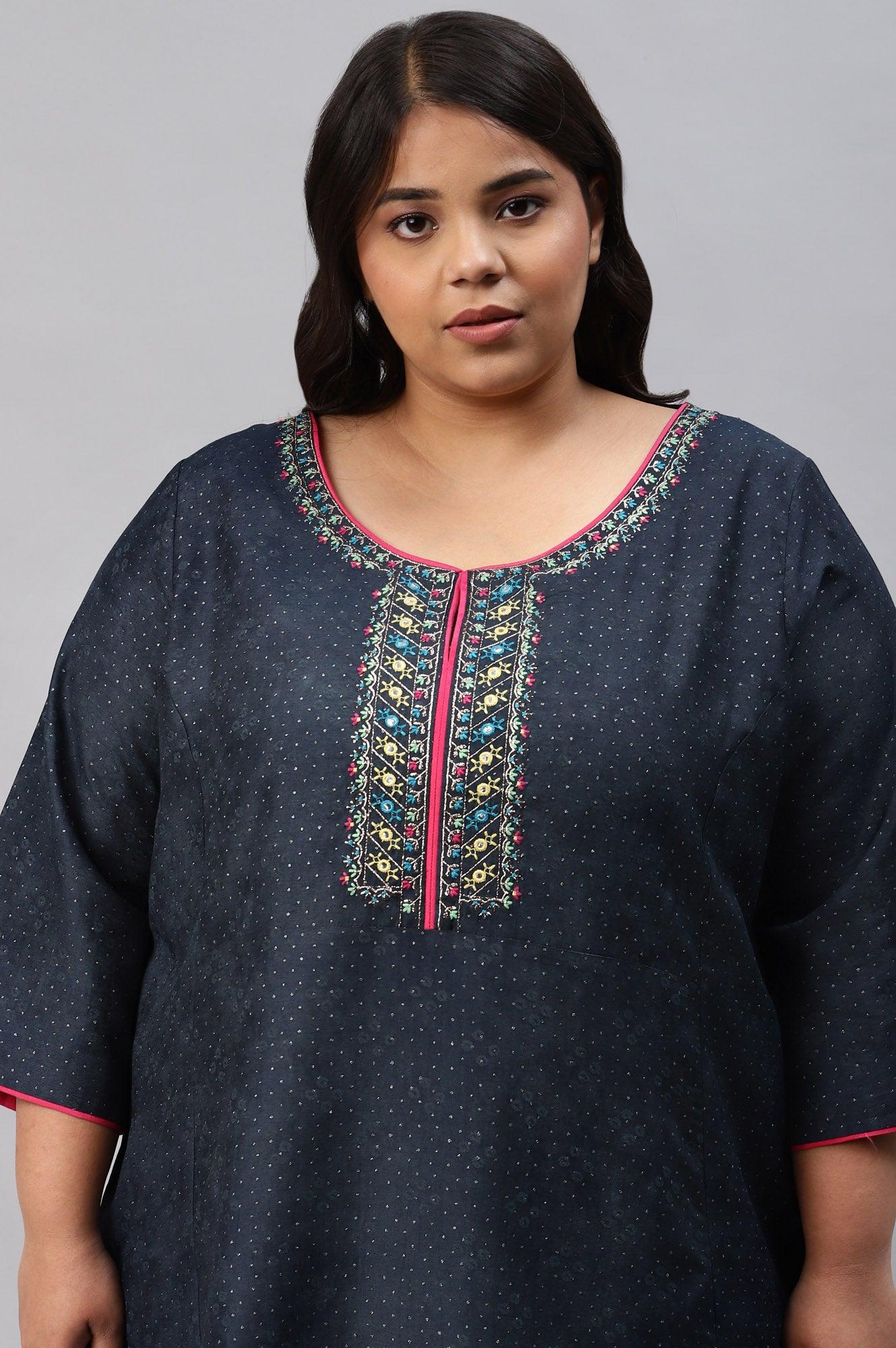 Royal Blue Glitter Printed And Embroidered Plus Size kurta - wforwoman