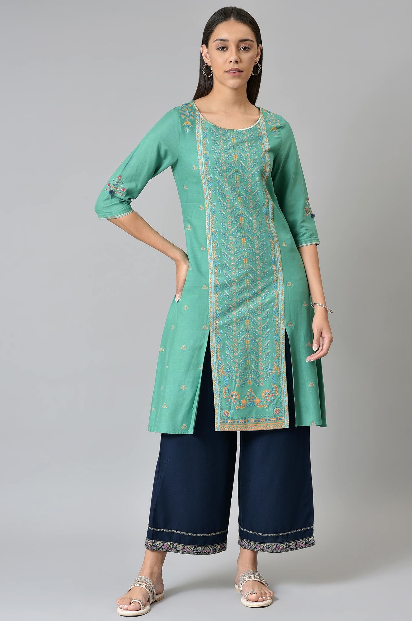 Green Placement Print Festive kurta