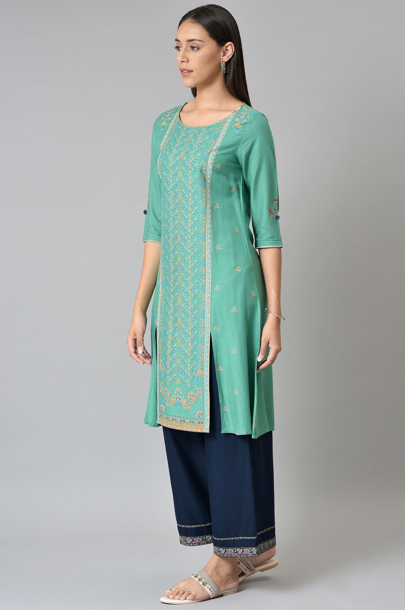 Green Placement Print Festive kurta