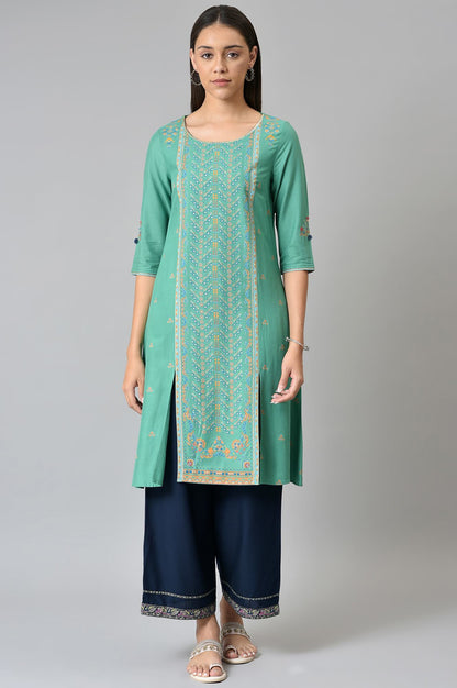 Green Placement Print Festive kurta