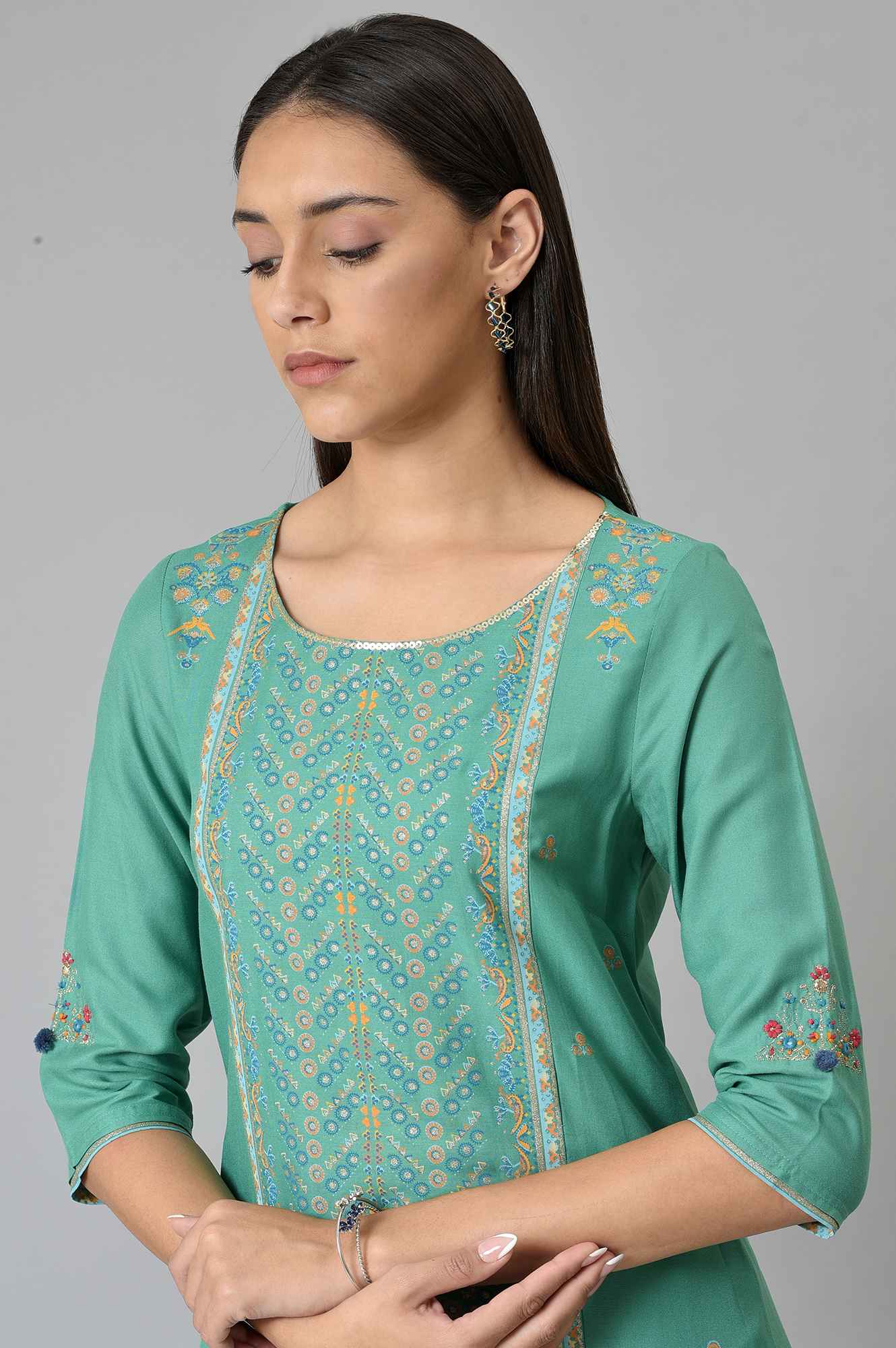 Green Placement Print Festive kurta