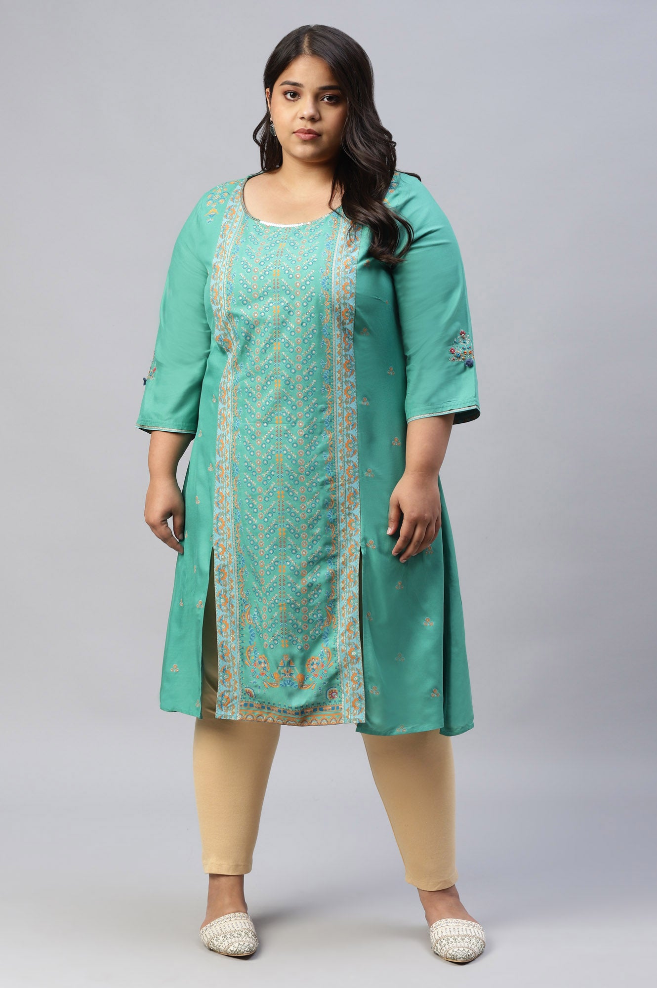 Green Placement Print Festive Plus Size kurta