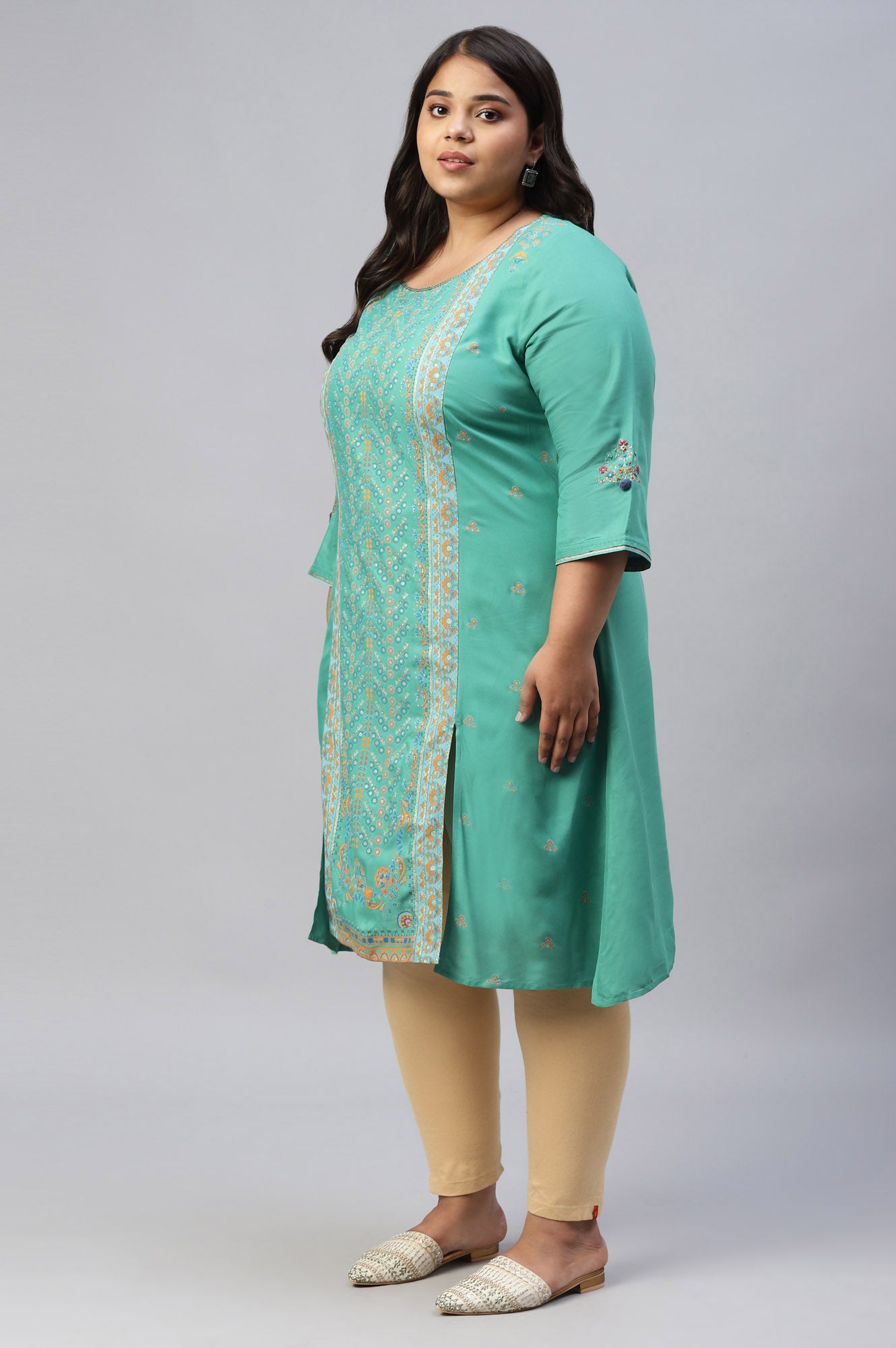 Green Placement Print Festive Plus Size kurta