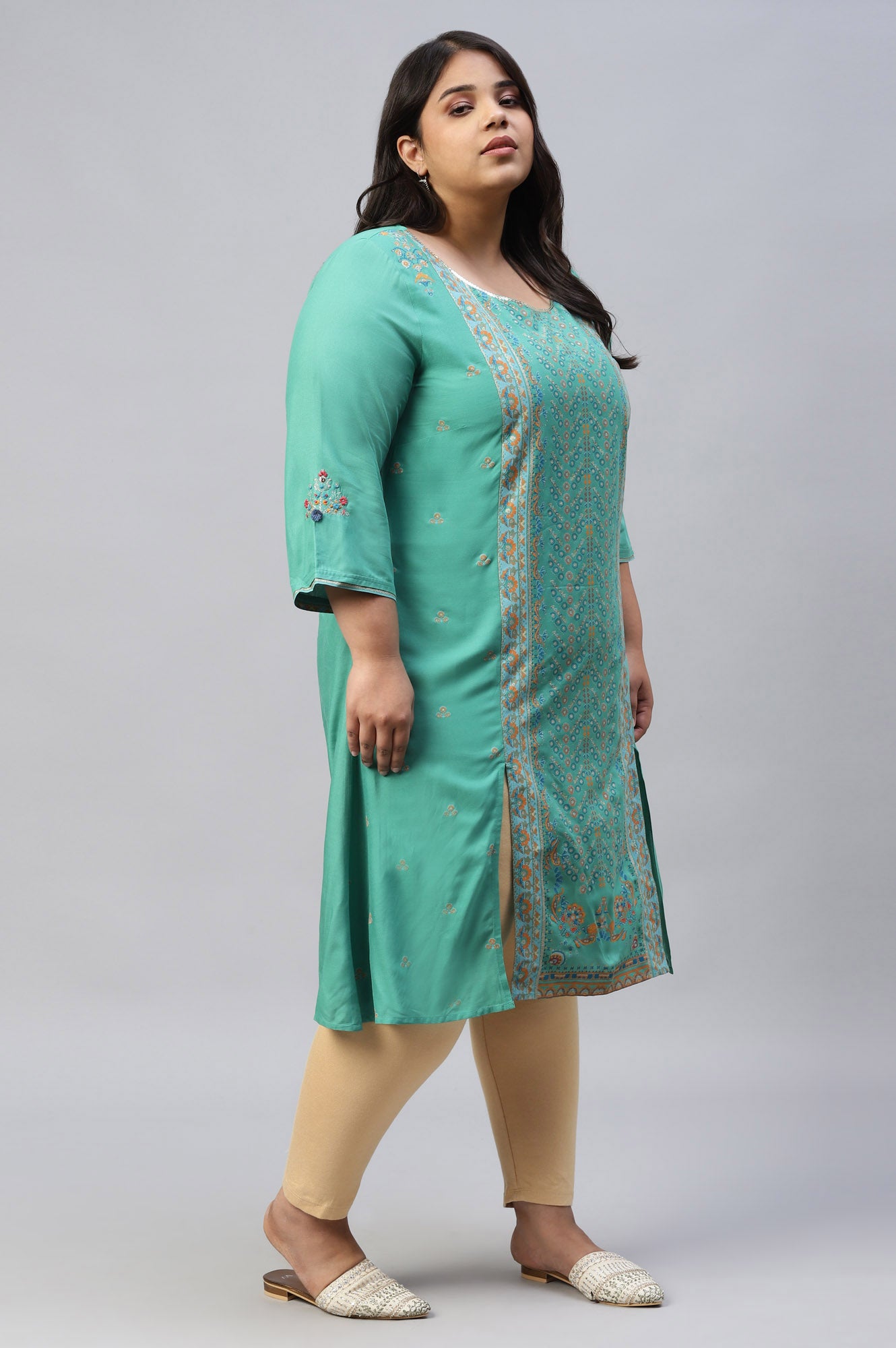 Green Placement Print Festive Plus Size kurta