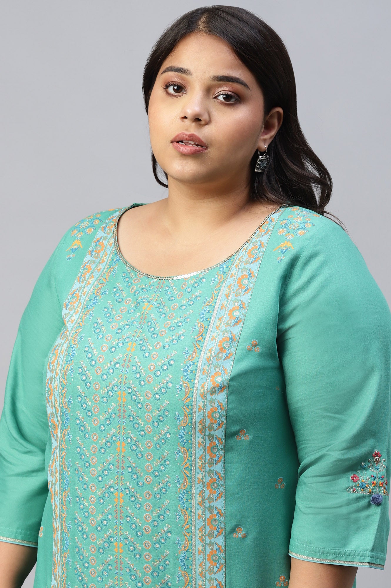 Green Placement Print Festive Plus Size kurta