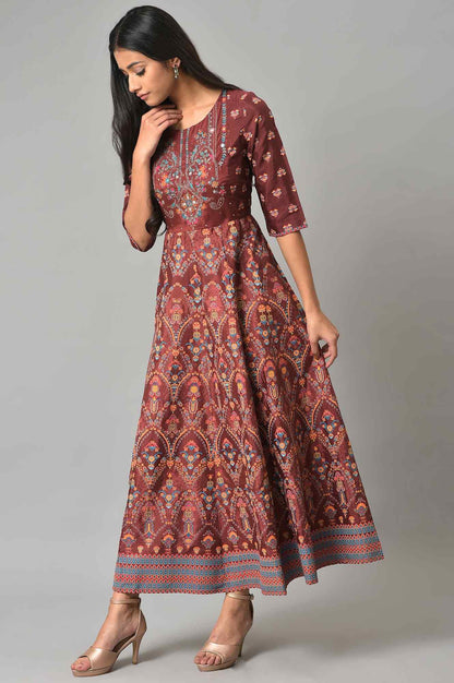 Brown Printed And Embroidered Panelled Festive Dress - wforwoman