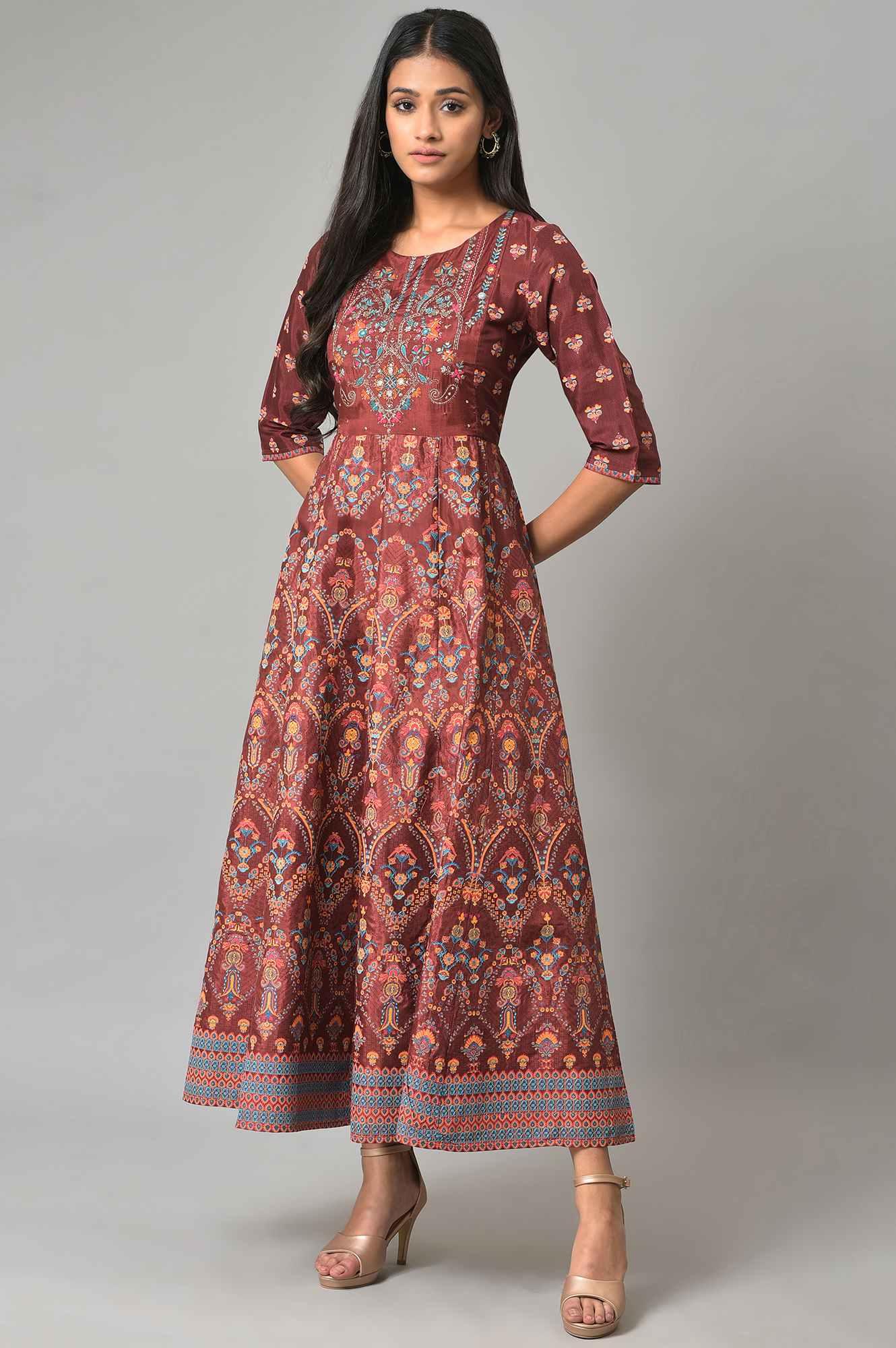 Brown Printed And Embroidered Panelled Festive Dress - wforwoman
