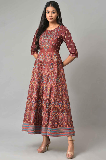 Brown Printed And Embroidered Panelled Festive Plus Size Dress - wforwoman