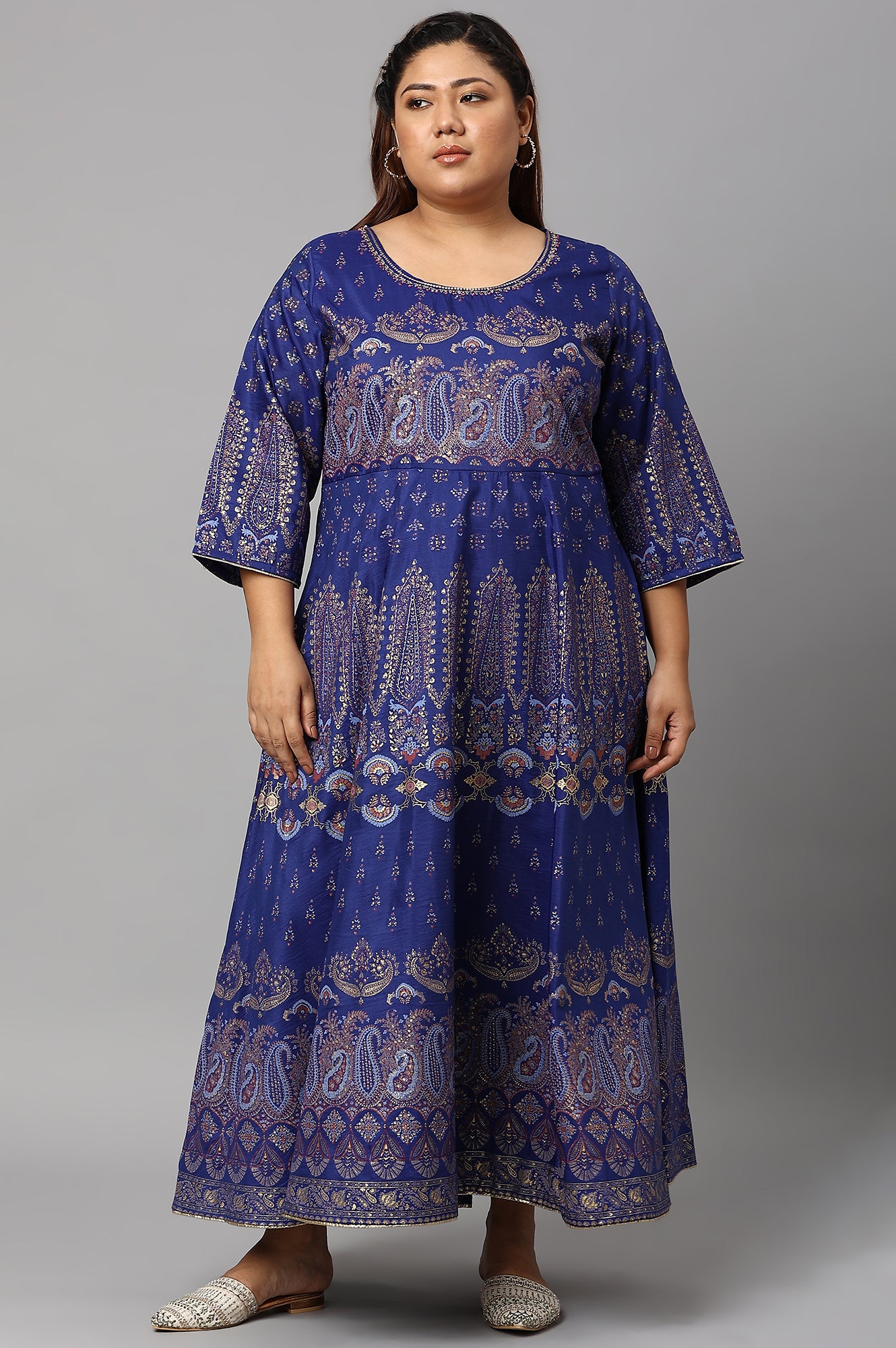 Plus Size Indigo Paisley Print Flared Festive Dress