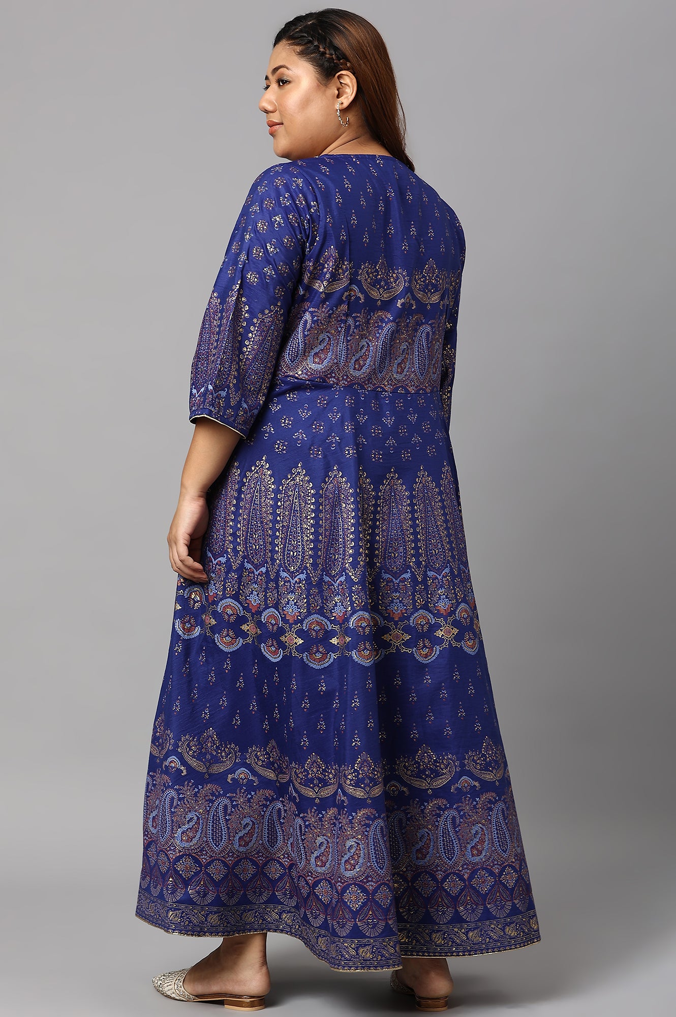 Plus Size Indigo Paisley Print Flared Festive Dress