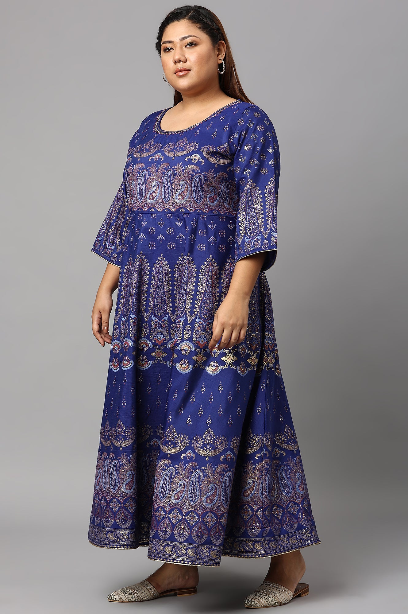 Plus Size Indigo Paisley Print Flared Festive Dress