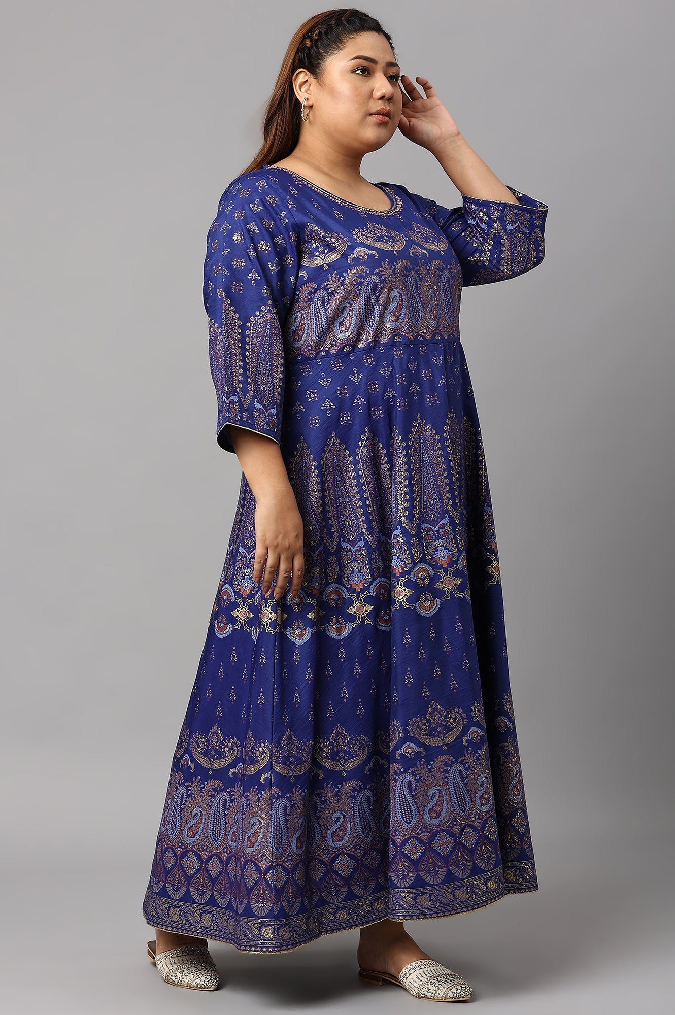 Plus Size Indigo Paisley Print Flared Festive Dress