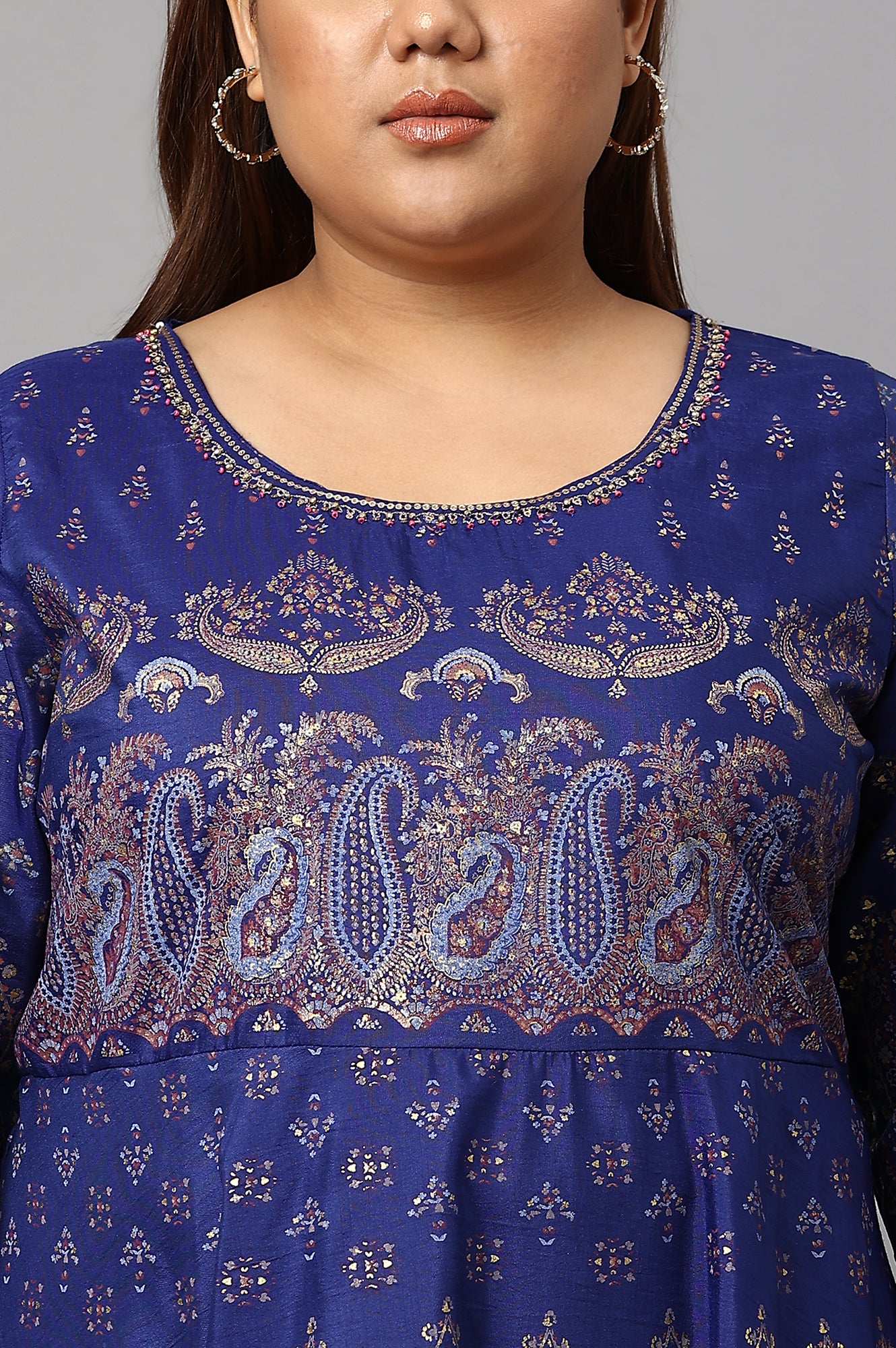 Plus Size Indigo Paisley Print Flared Festive Dress