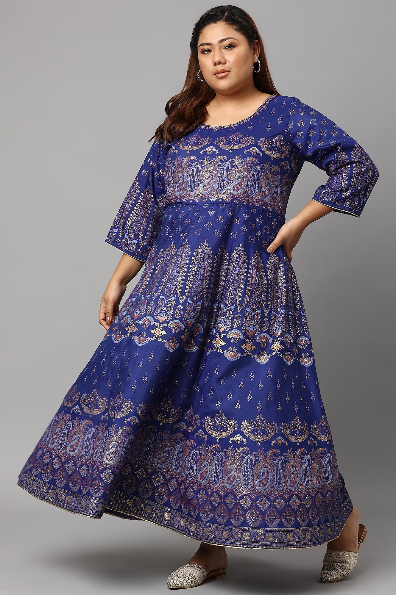 Plus Size Indigo Paisley Print Flared Festive Dress