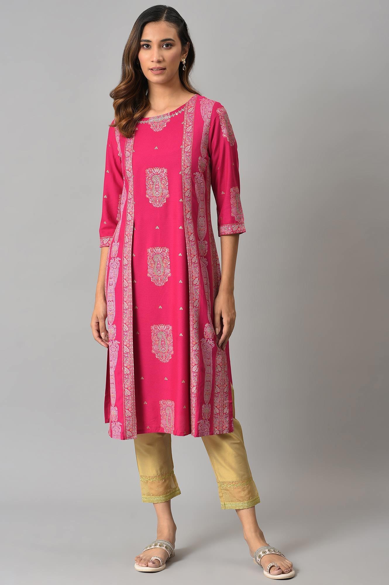 Dark Pink Mock Layered Beadwork kurta - wforwoman