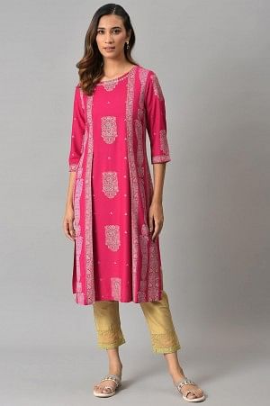 Dark Pink Mock Layered Beadwork kurta with Golden Slim Pants