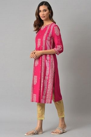 Dark Pink Mock Layered Beadwork kurta with Golden Slim Pants