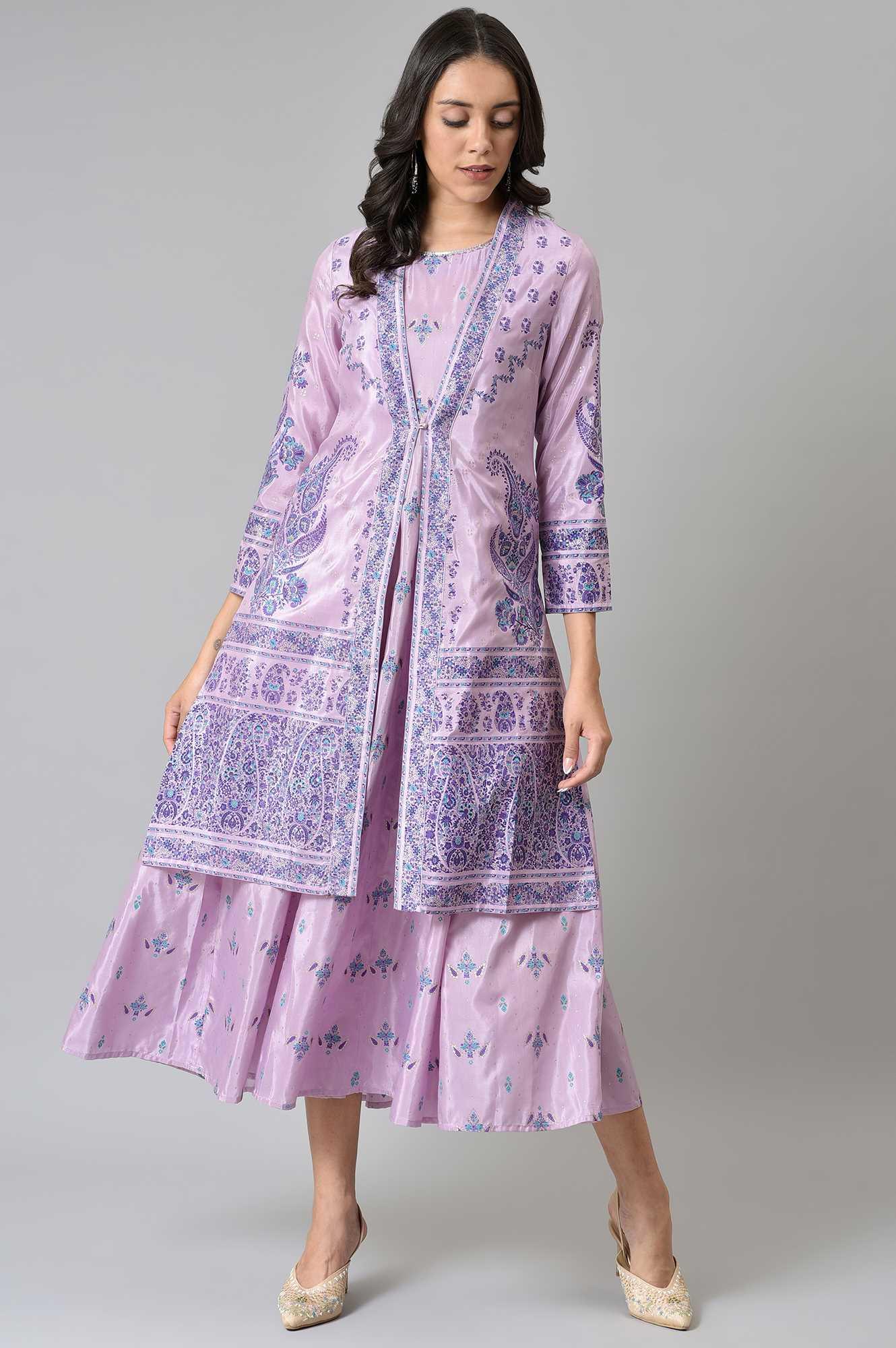 Light Purple Glitter Printed Duo Dress Set - wforwoman