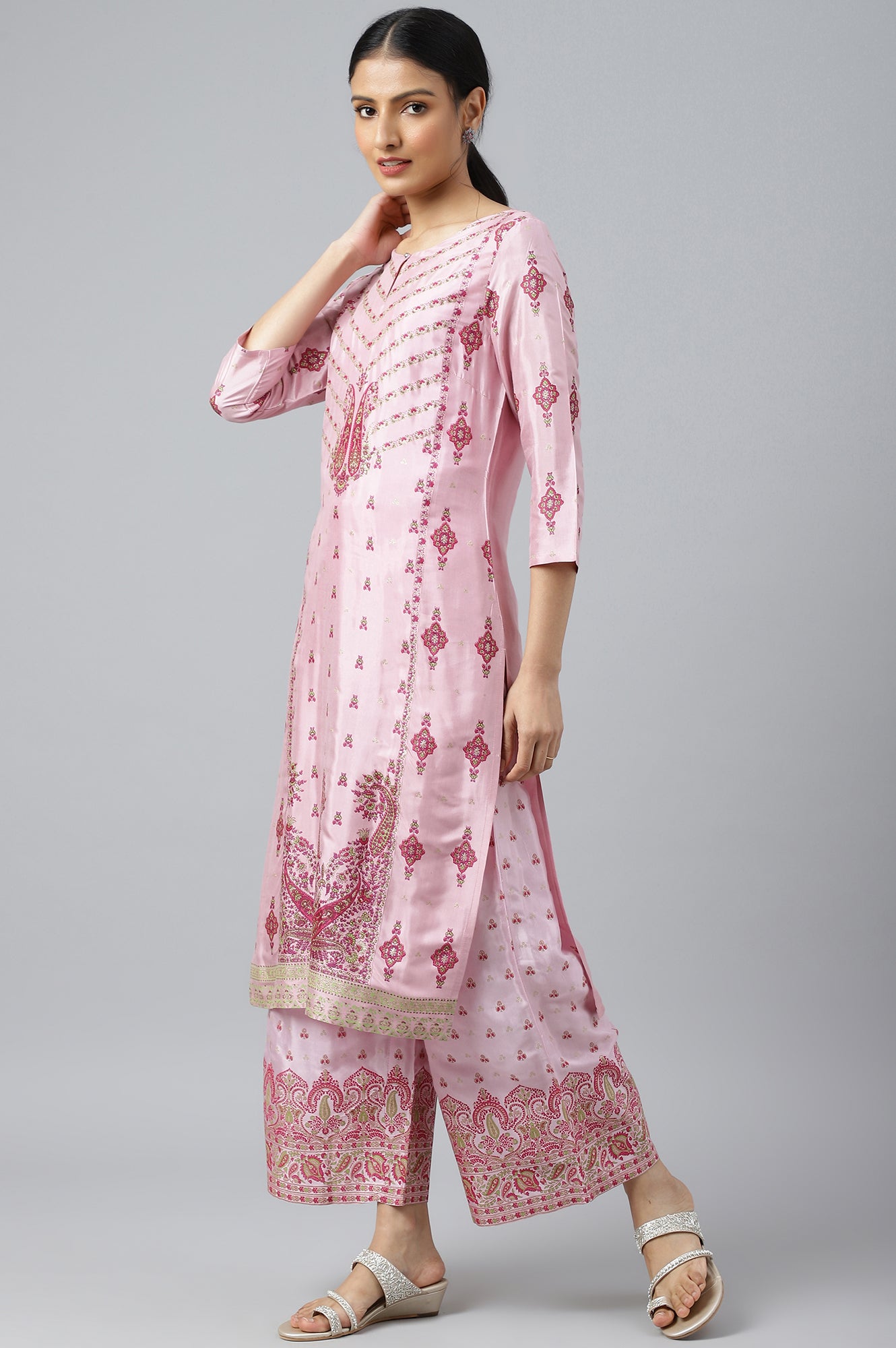 Pink Glitter Printed Shantung kurta