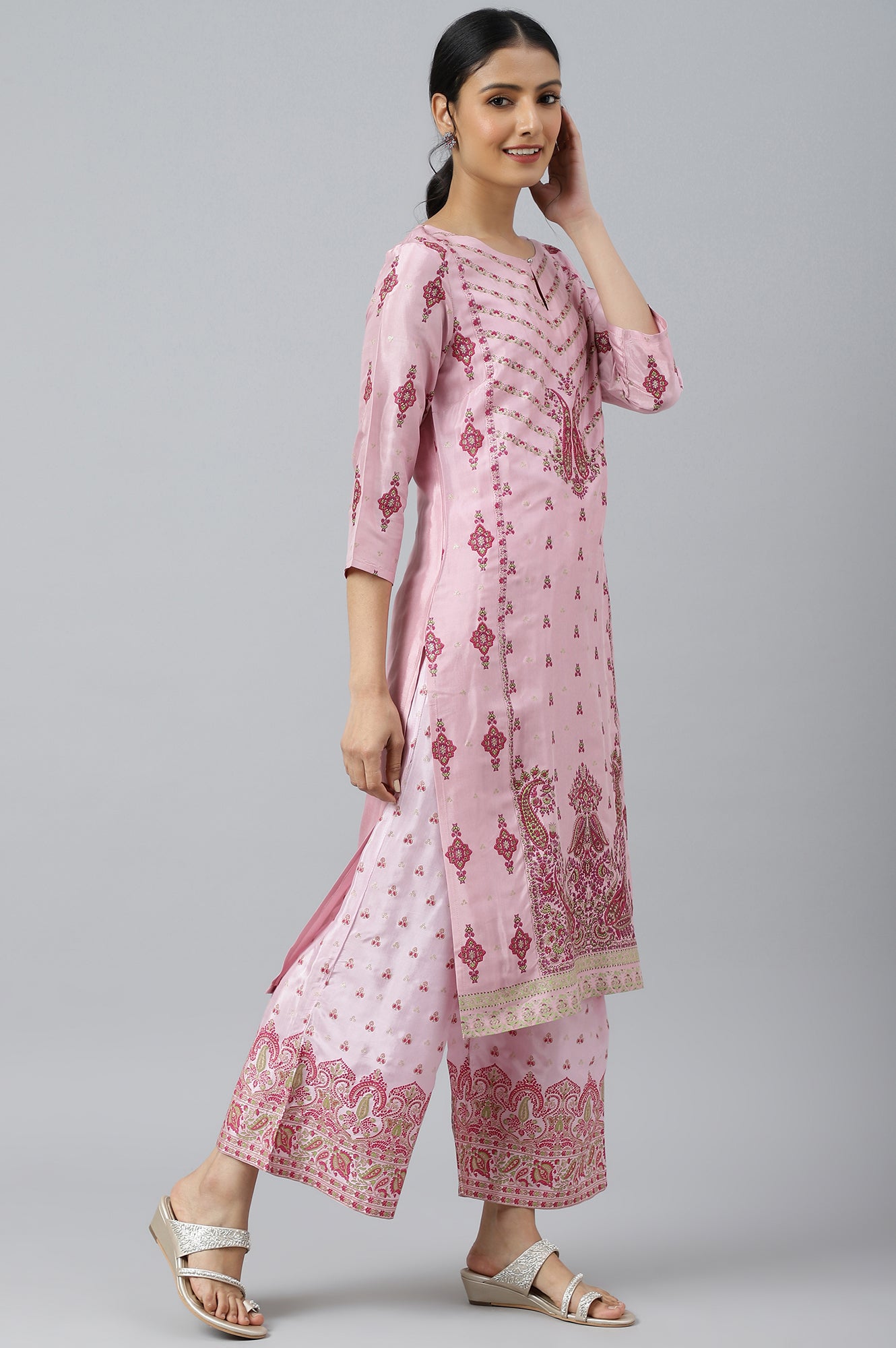 Pink Glitter Printed Shantung kurta