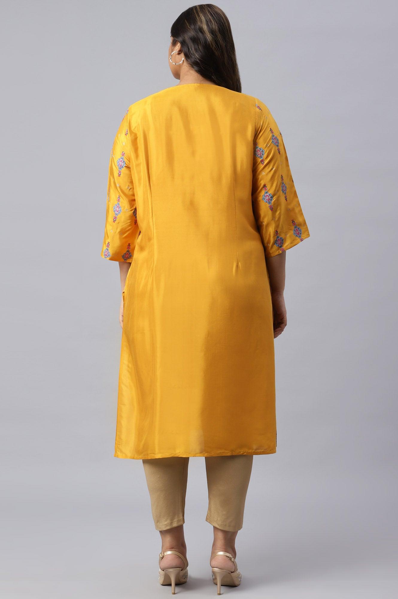 Plus Size Mustard Glitter Printed Shantung kurta - wforwoman