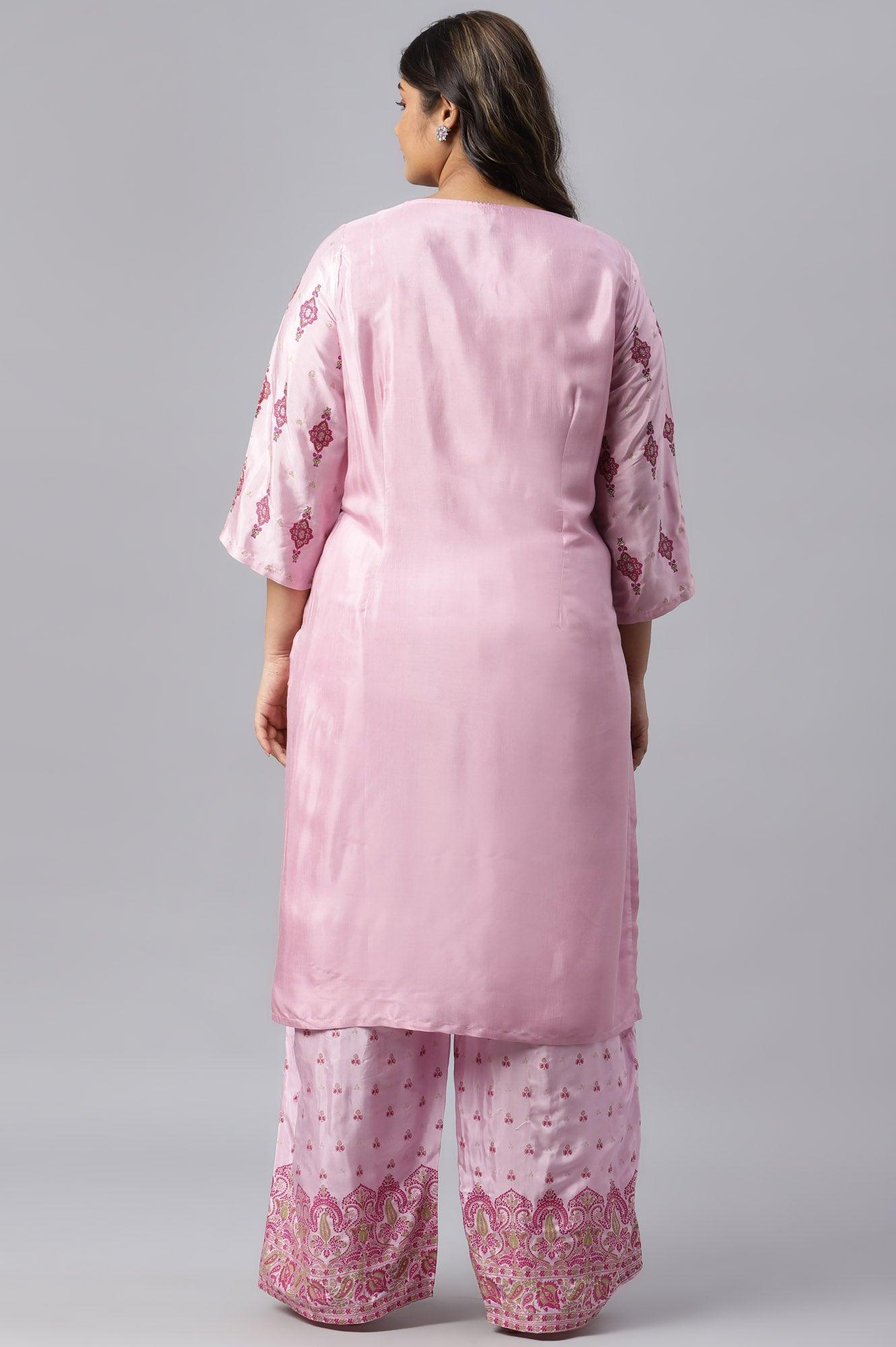 Plus Size Pink Glitter Printed Shantung kurta - wforwoman