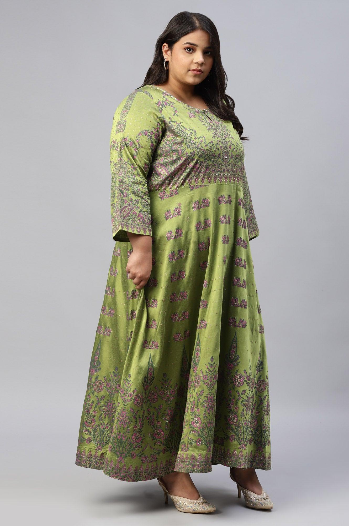 Plus Size Green Floral Printed Indie Dress - wforwoman