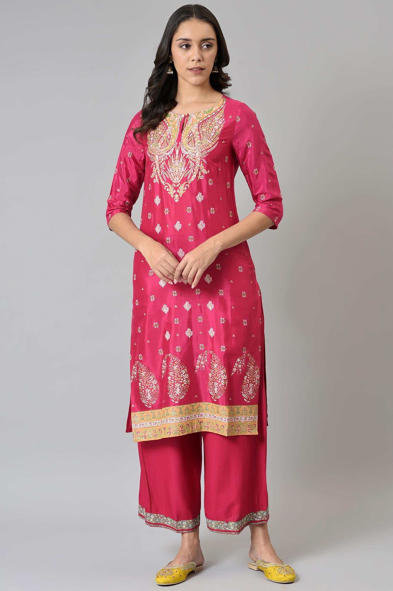 Dark Pink Glitter Placement Print kurta