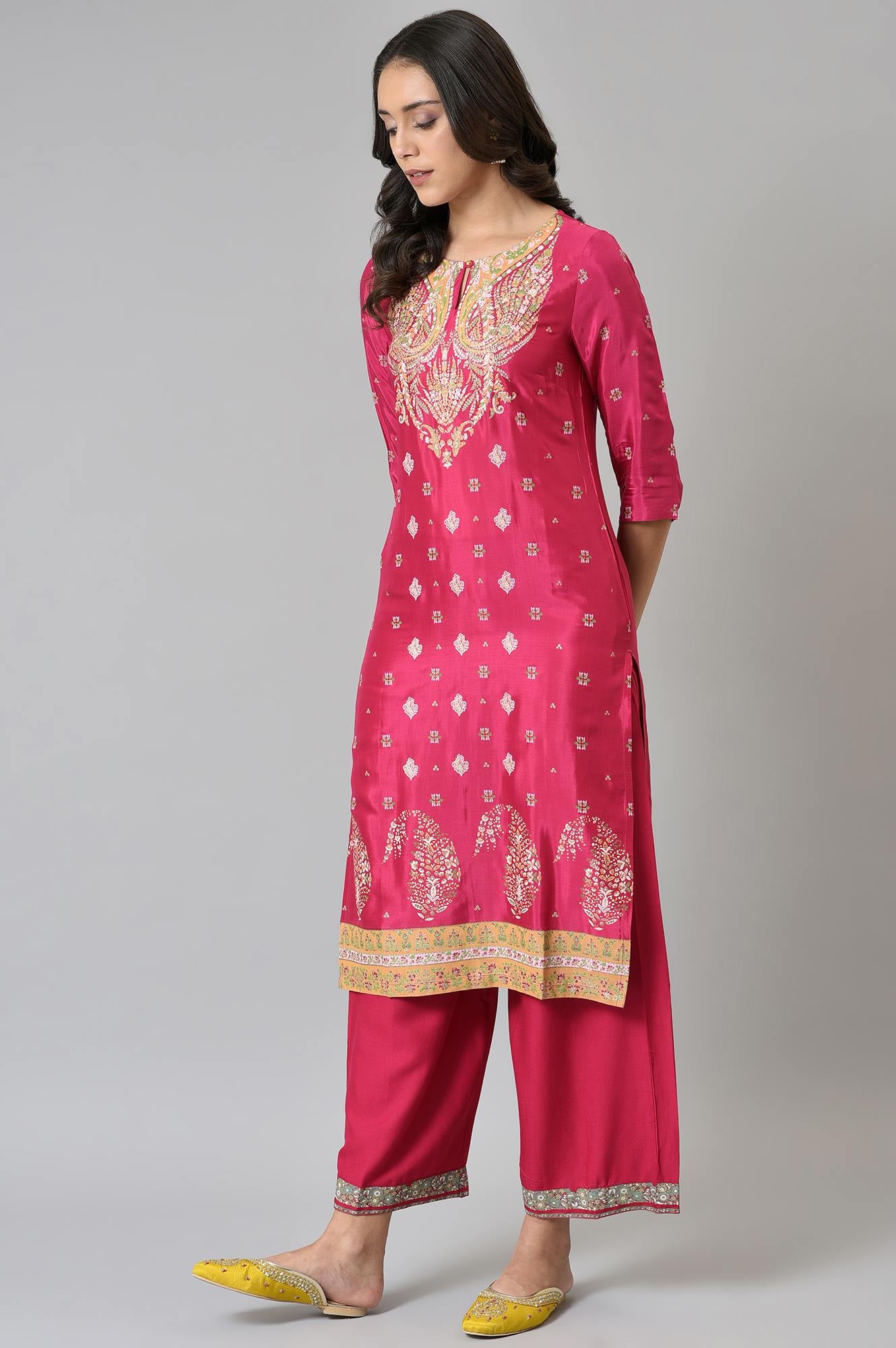 Dark Pink Glitter Placement Print kurta