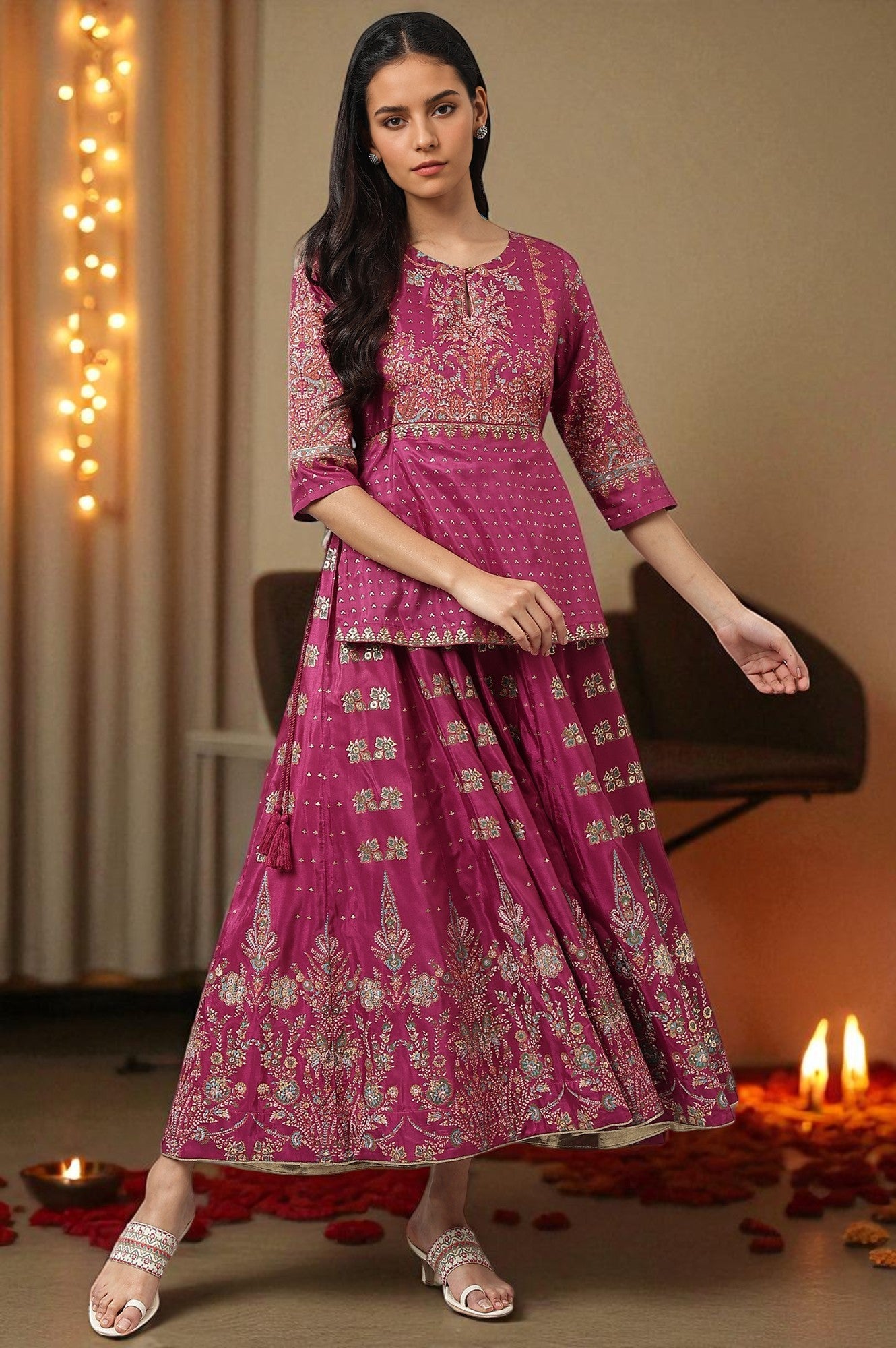 Grape Purple Glitter Floral Embellished Shantung A-Line Duo Dress