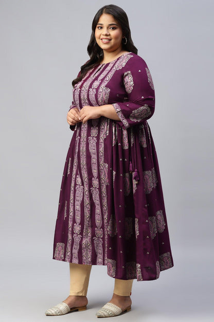 Plus Size Purple Paisley Print kurta With Sequin Highlighting - wforwoman