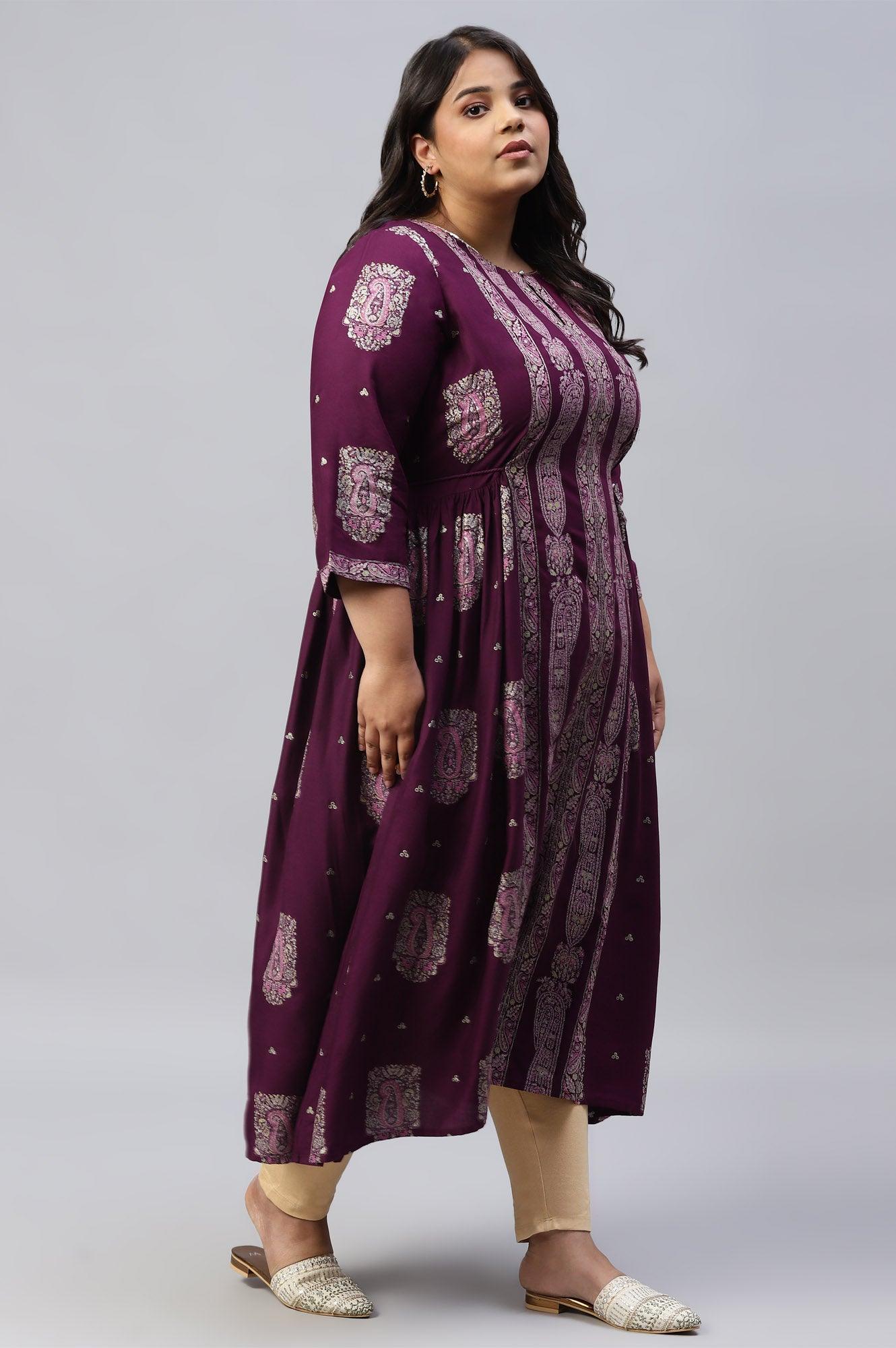 Plus Size Purple Paisley Print kurta With Sequin Highlighting - wforwoman