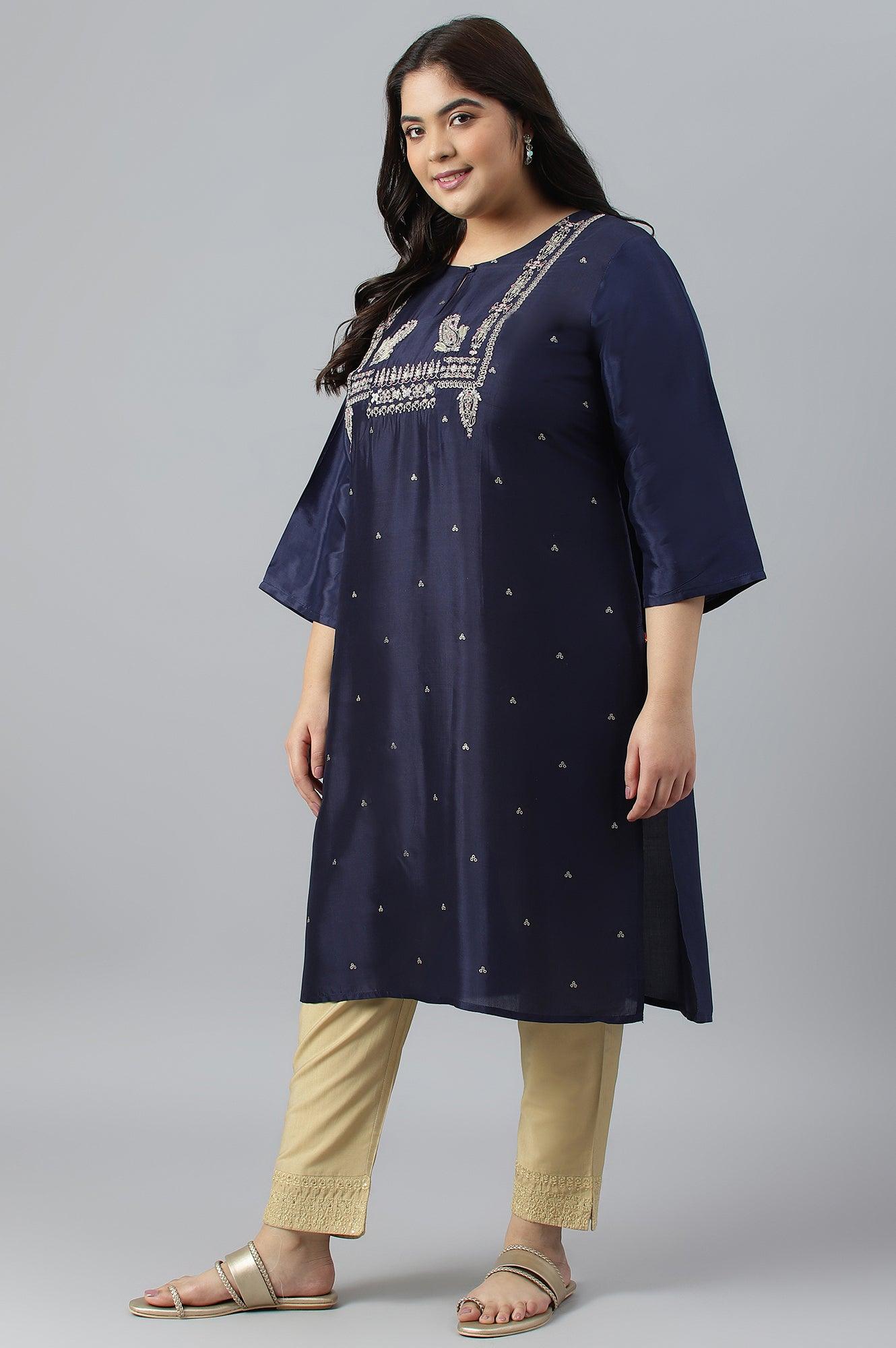 Blue Shatung Festive Plus Size kurta With Embroidery - wforwoman