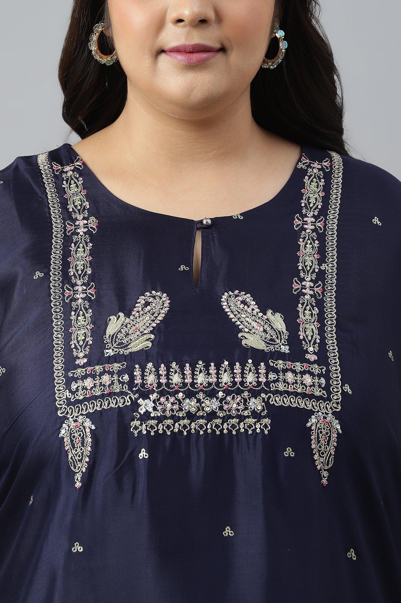 Blue Shatung Festive Plus Size kurta With Embroidery - wforwoman