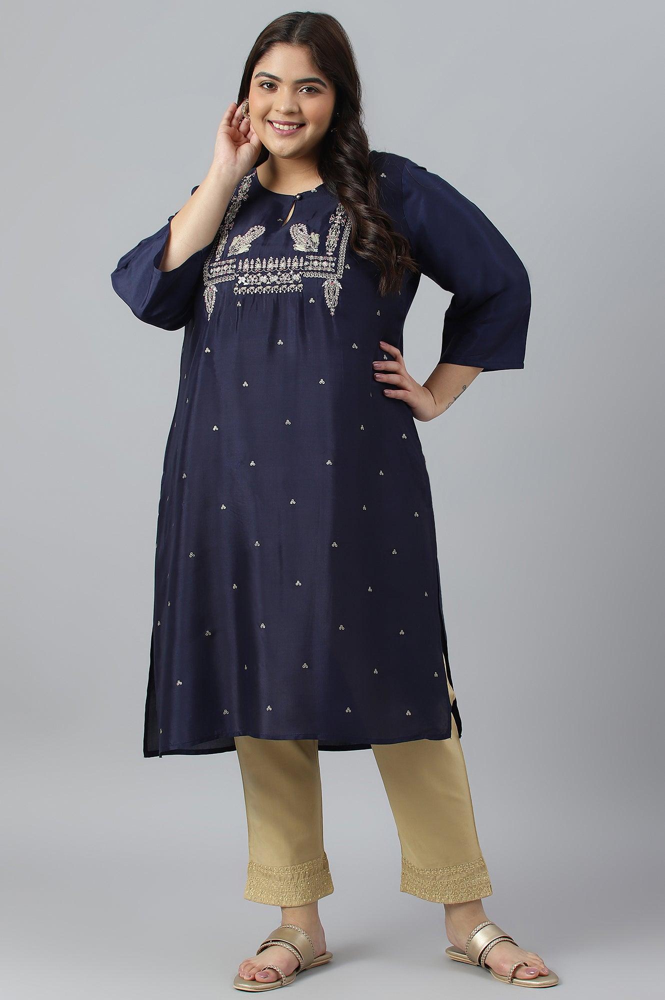 Blue Shatung Festive Plus Size kurta With Embroidery - wforwoman