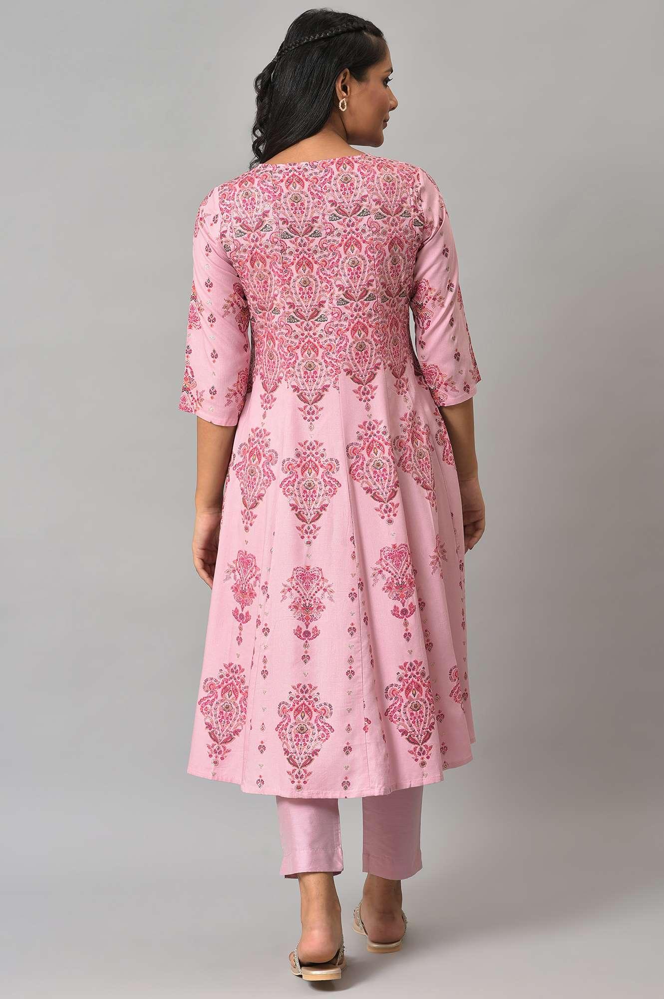Pink Floral Print kurta With Sequins - wforwoman