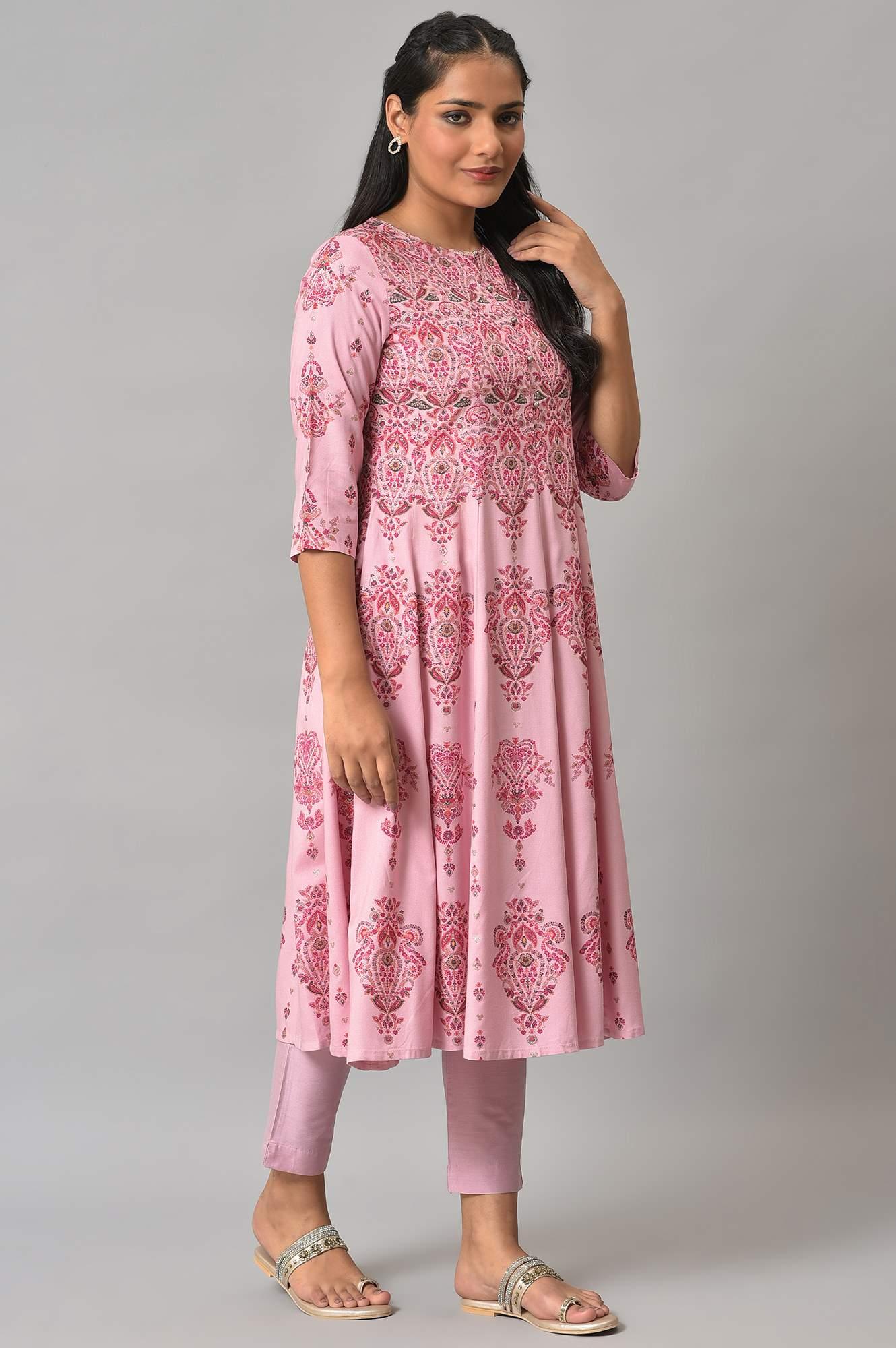 Pink Floral Print kurta With Sequins - wforwoman