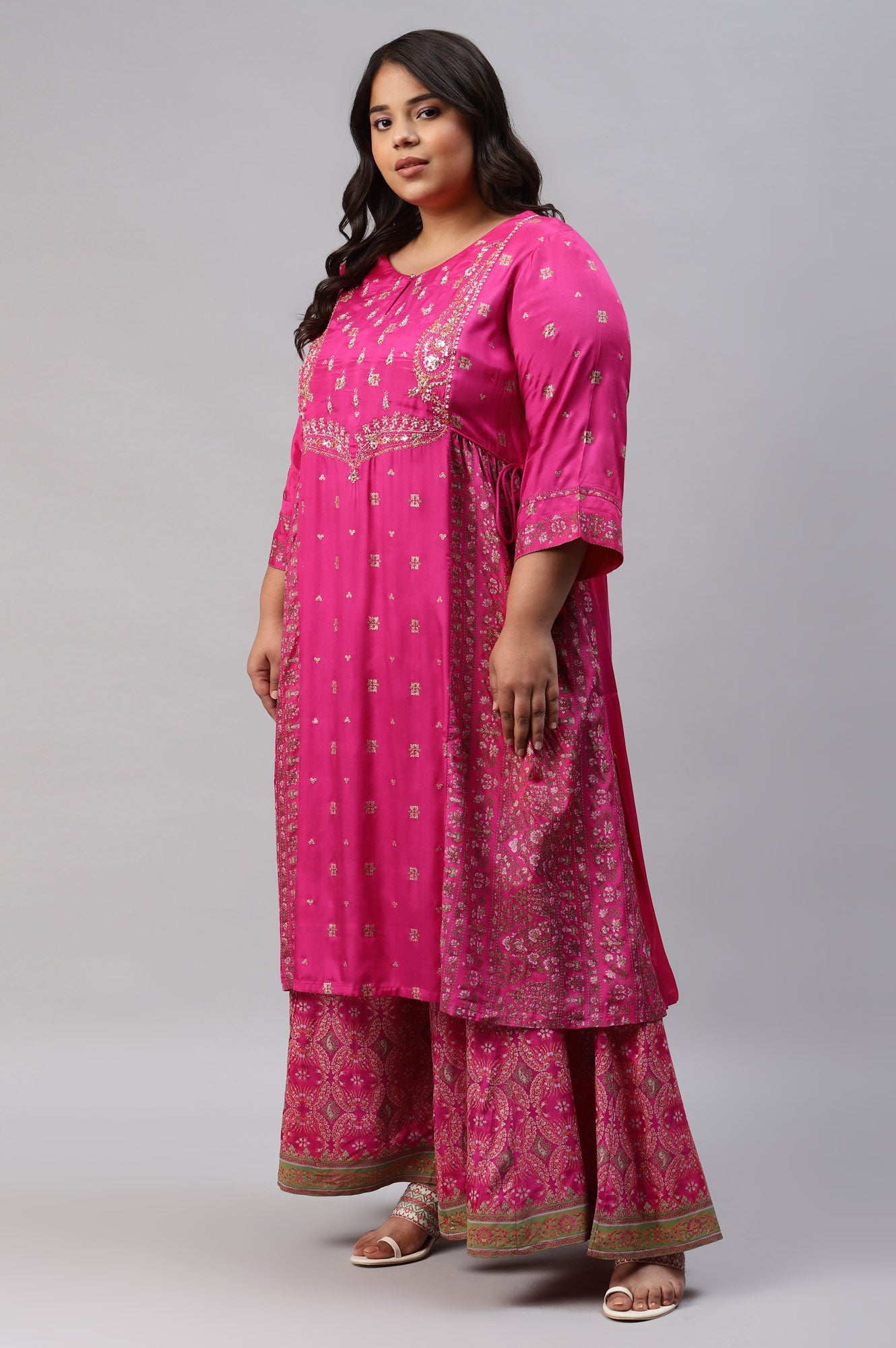 Pink Flared Floral Printed Festive Plus Size kurta