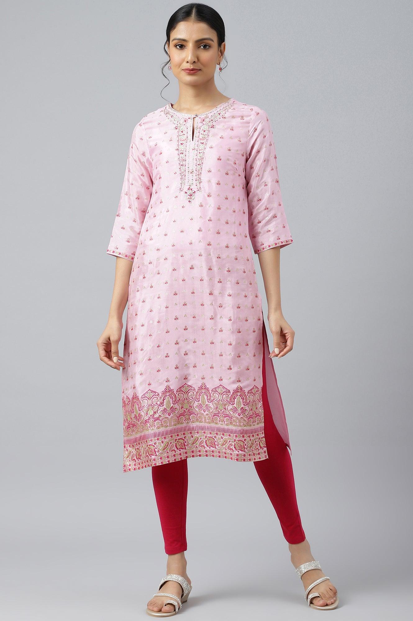 Cameo Pink Floral Printed And Embroidered kurta - wforwoman