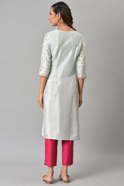Light Blue Floral Printed kurta With Embroidery - wforwoman