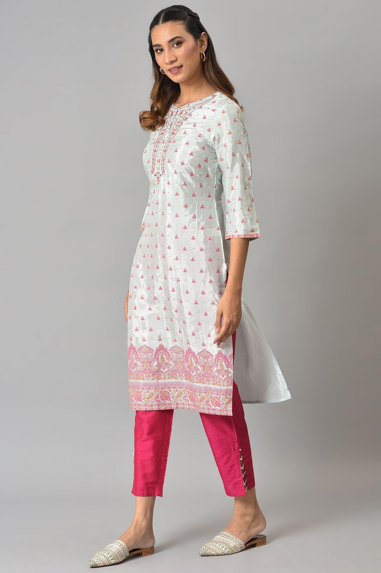 Light Blue Floral Printed kurta With Embroidery - wforwoman