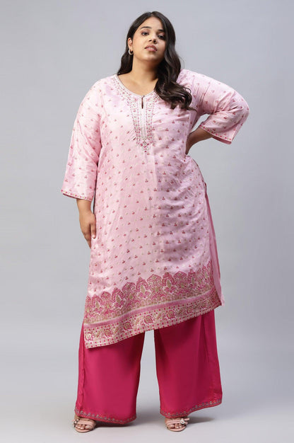 Cameo Pink Floral Printed And Embroidered Plus Size kurta - wforwoman