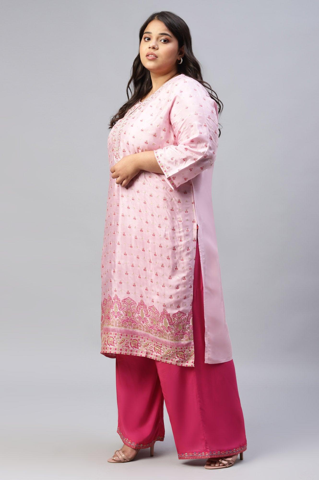 Cameo Pink Floral Printed And Embroidered Plus Size kurta - wforwoman