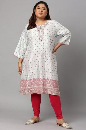 Light Blue Floral Printed Plus Size Embroidered kurta with Pink Tights