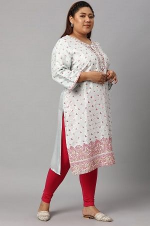 Light Blue Floral Printed Plus Size Embroidered kurta with Pink Tights